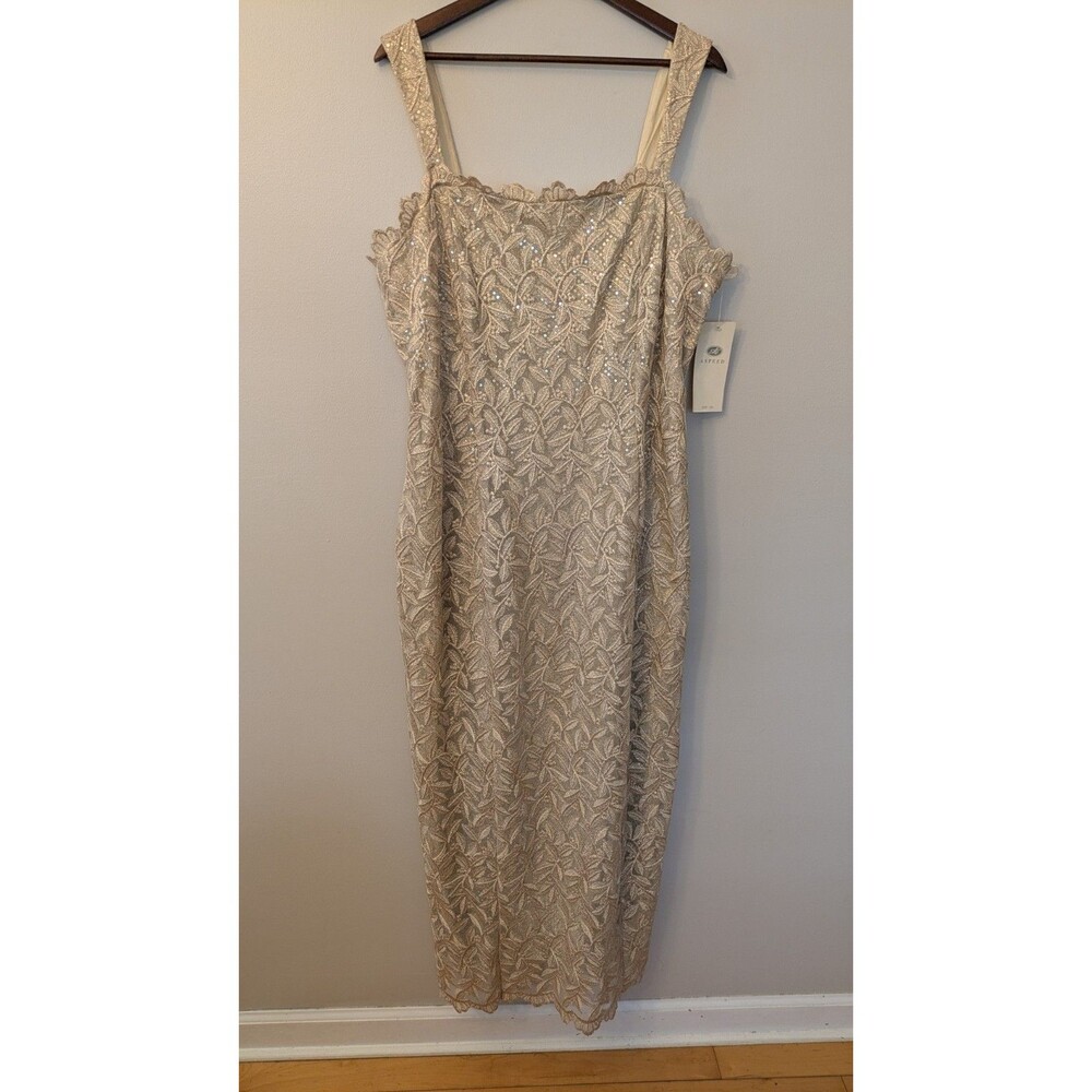 Vtg Formal Long Gold Brocade Evening Gown 2XL Maxi Dress Prom Cocktail Wedding